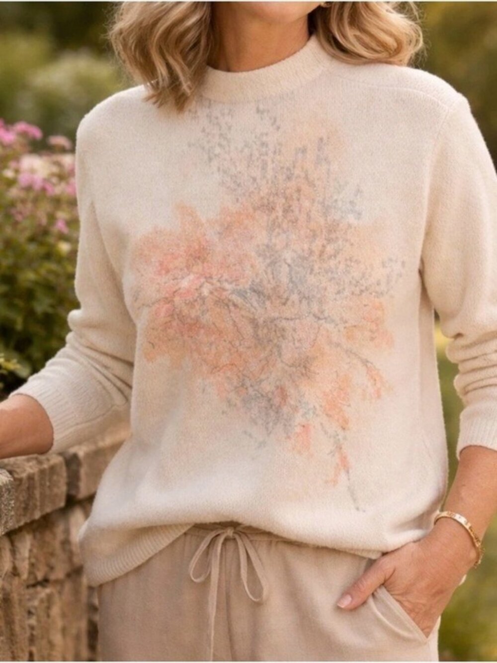 White House Black Market Knit Sweater Pink Peach Floral Design Acrylic Bead